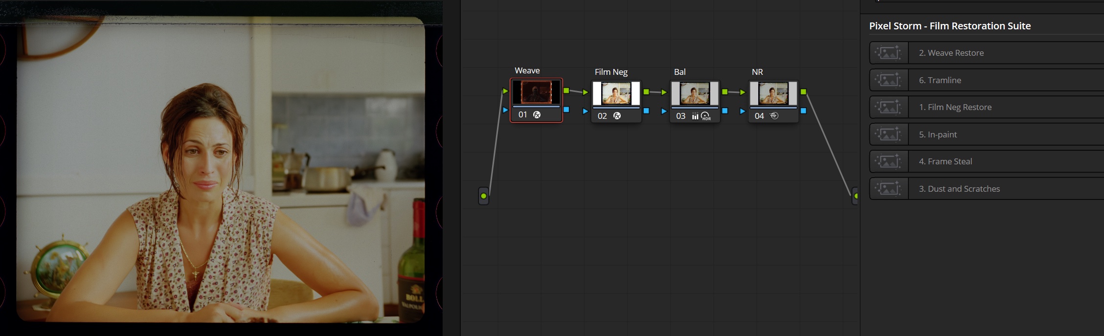 The Pixel Storm Film Restoration Suite in action: a restored frame beside its node tree of Weave, Film Neg, balance and noise-reduction tools